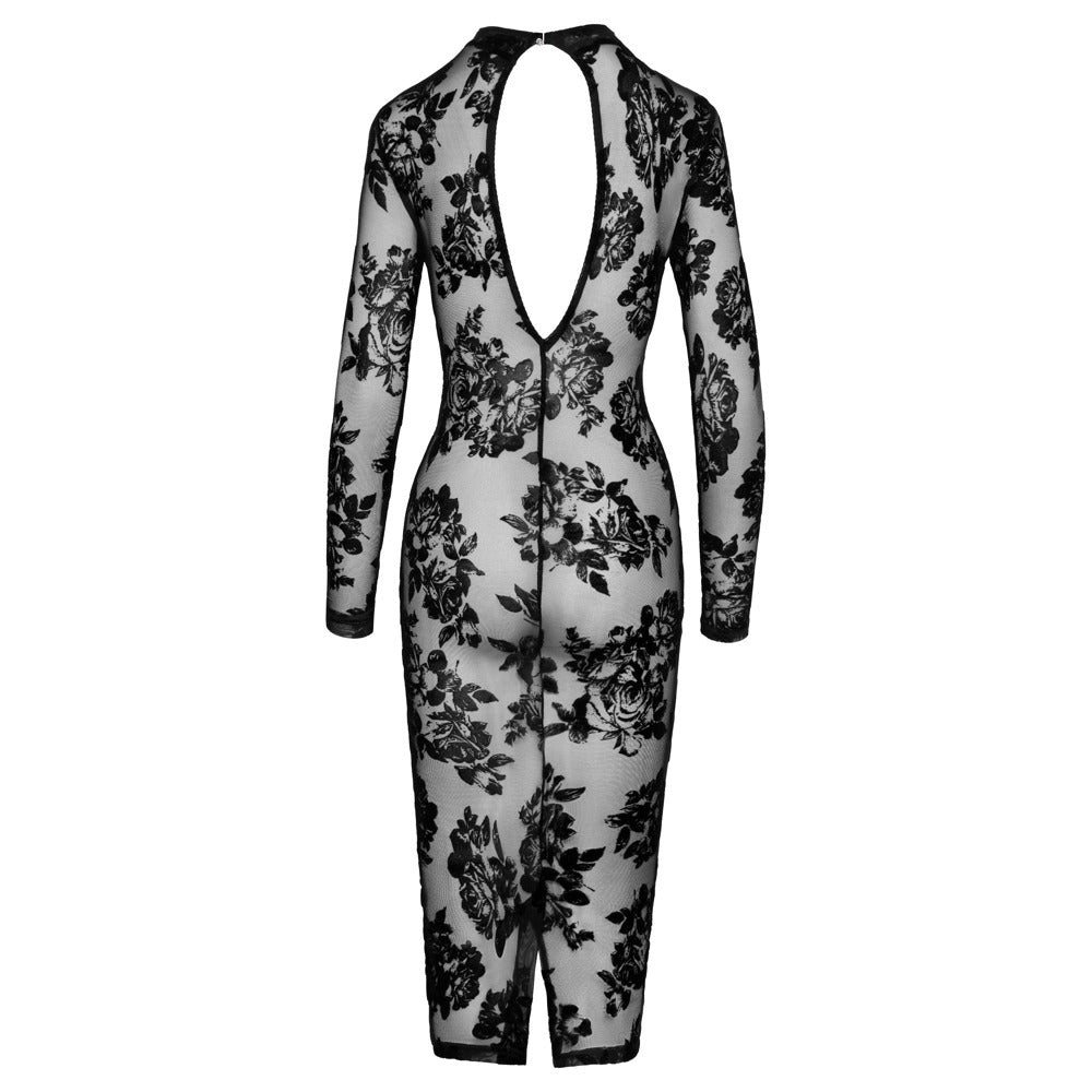 Noir Tight Fitting Floral Transparent Dress - Sinsations