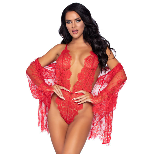 Leg Avenue Floral Lace Teddy and Robe Red - Sinsations