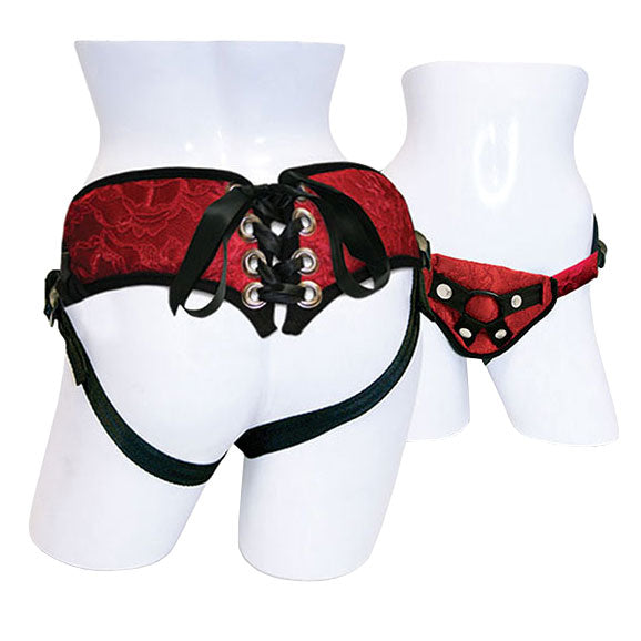 SportSheets Red Lace With Satin Corsette Strap On - Sinsations